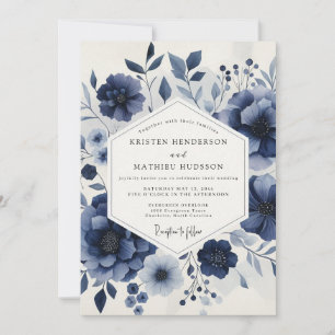 Invitation Mariage Fleur Éthérée Bleu Profond
