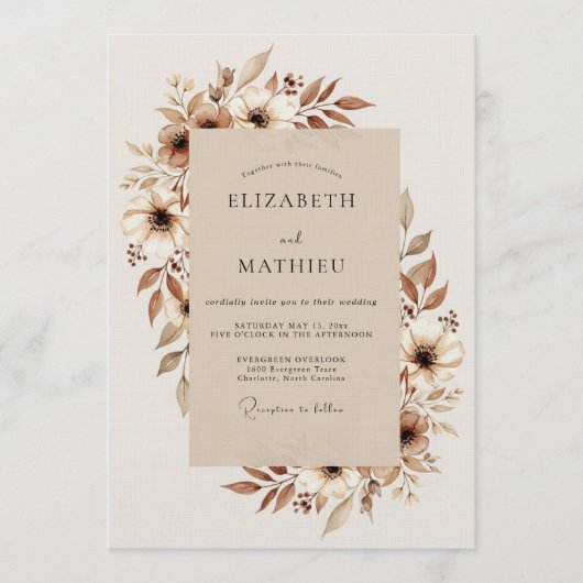 Invitation Mariage Fleur Éthérée Brun (Devant)