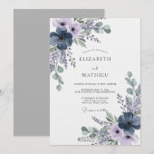 Invitation Mariage Fleur Éthérée de Lavande Navy (Devant / Derrière)