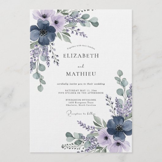 Invitation Mariage Fleur Éthérée de Lavande Navy (Devant)