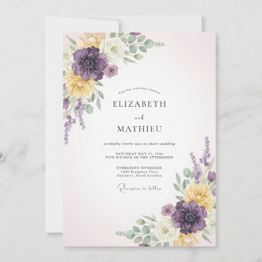 Invitation Mariage Fleur Éthérée Jaune Violet (Devant)
