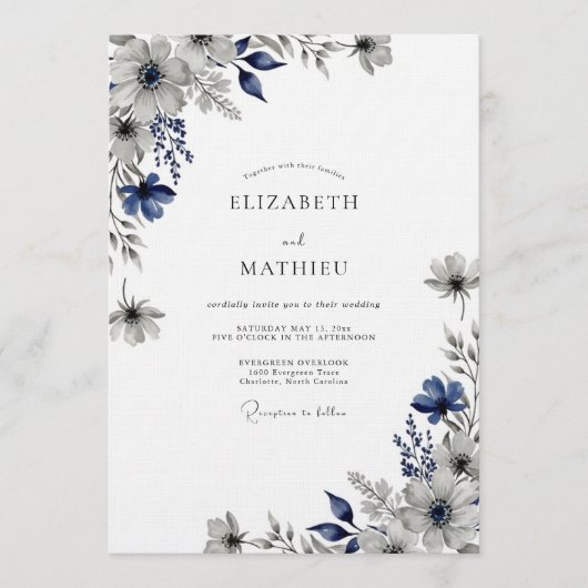 Invitation Mariage Fleur Éthérée Navy (Devant)