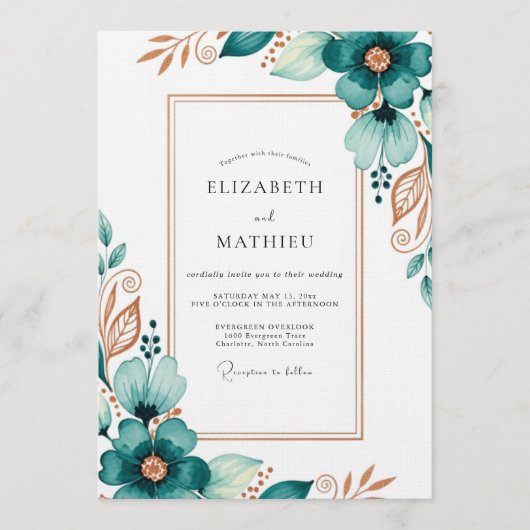 Invitation Mariage Fleur Éthérée Sarcelle (Devant)