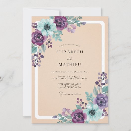 Invitation Mariage Fleur Éthérée Violet Turquoise (Devant)