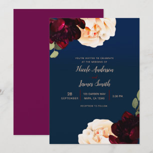 Invitation Mariage Fleur foncé Marsala Crème et Bleu Nuit