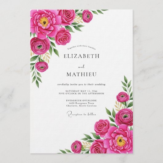 Invitation Mariage Fleur Fuschia Impressionniste (Devant)
