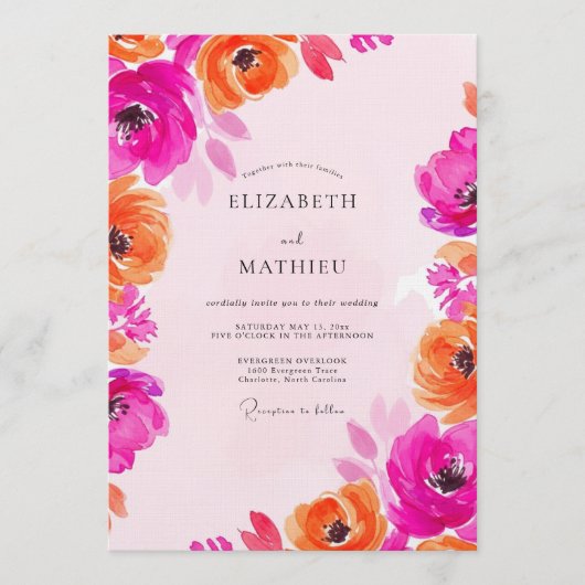 Invitation Mariage Fleur Fuschia & Orange Peinte (Devant)