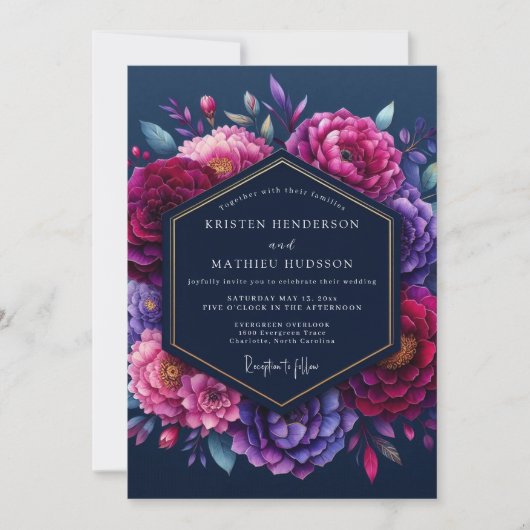 Invitation Mariage Fleur Indigo aux Tons de Bijoux (Devant)