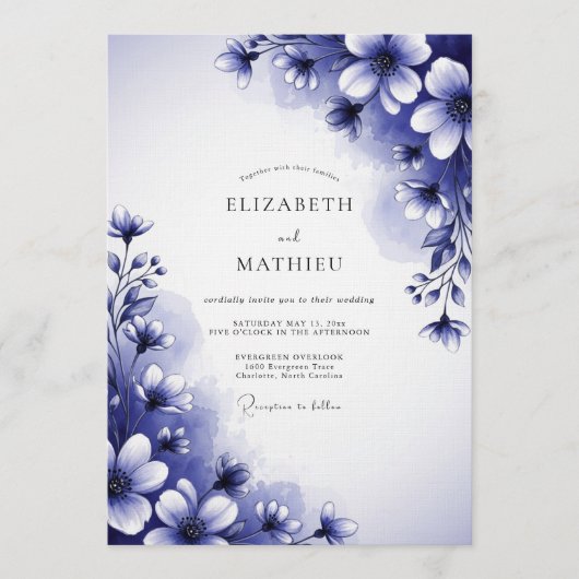 Invitation Mariage Fleur Indigo Peint à la Main (Devant)