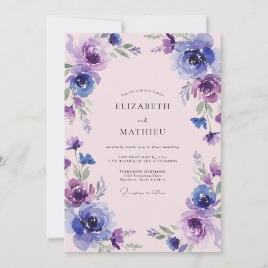 Invitation Mariage Fleur Indigo Violet (Devant)