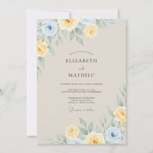 Invitation Mariage Fleur Jaune Bleu Pâle (Devant)