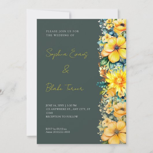 Invitation Mariage Fleur Jaune Bohème Vert Foncé (Devant)