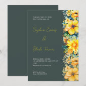 Invitation Mariage Fleur Jaune Bohème Vert Foncé (Devant / Derrière)