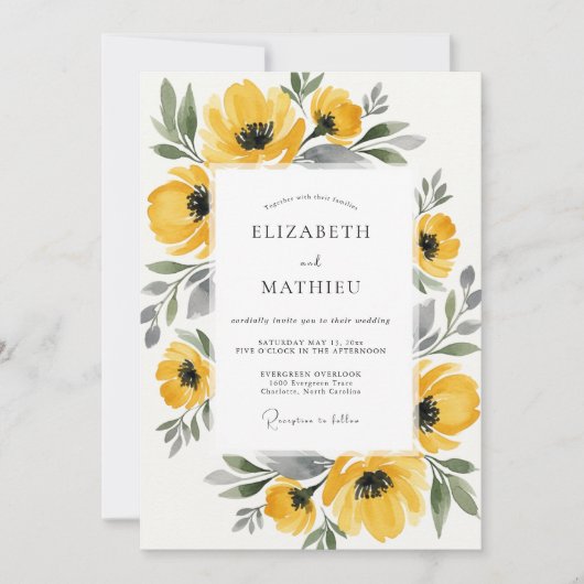 Invitation Mariage Fleur Jaune Peinte (Devant)