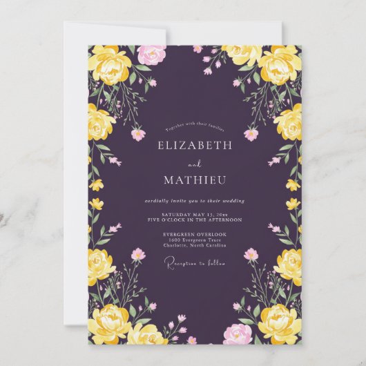 Invitation Mariage Fleur Jaune Prune (Devant)