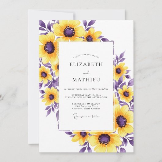 Invitation Mariage Fleur Jaune Violet Peintre (Devant)