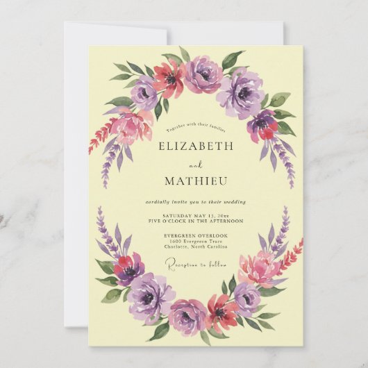 Invitation Mariage Fleur Jaune Violet Romantique (Devant)