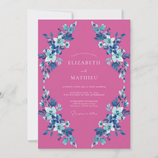 Invitation Mariage Fleur Magenta Azur (Devant)