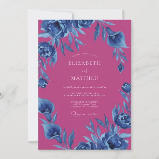 Invitation Mariage Fleur Magenta Indigo (Devant)