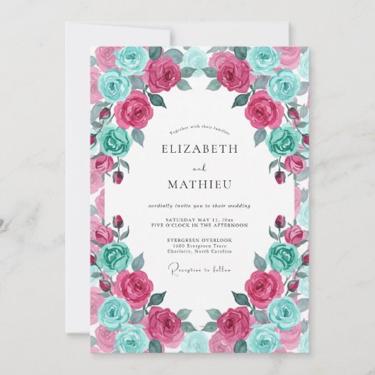 Invitation Mariage Fleur Magenta Turquoise (Devant)