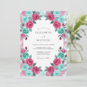 Invitation Mariage Fleur Magenta Turquoise (Debout devant)