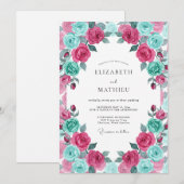 Invitation Mariage Fleur Magenta Turquoise (Devant / Derrière)