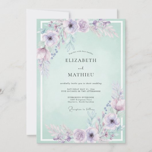 Invitation Mariage Fleur Mauve Mousse de Mer (Devant)