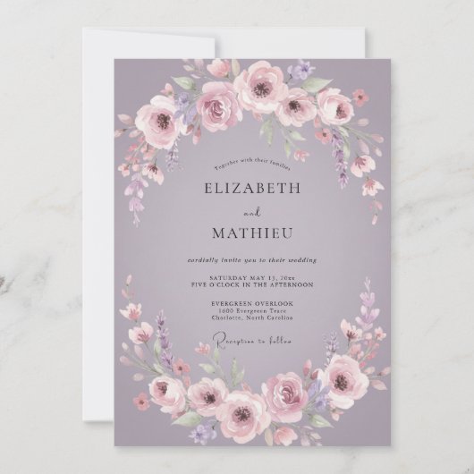 Invitation Mariage Fleur Mauve Poussiéreuse (Devant)