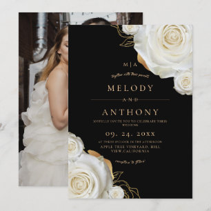 Invitation Mariage Fleur Moderne Rose Blanche Noir