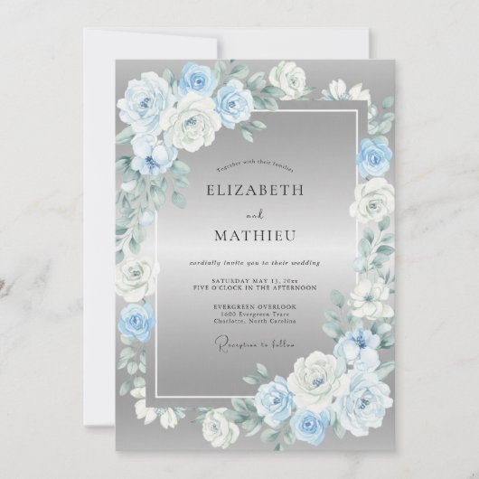 Invitation Mariage Fleur Opulente Bleu Ardoise (Devant)