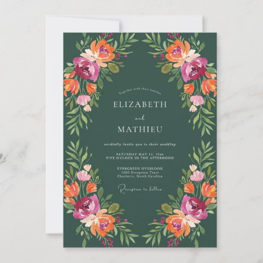 Invitation Mariage Fleur Orange Émeraude (Devant)
