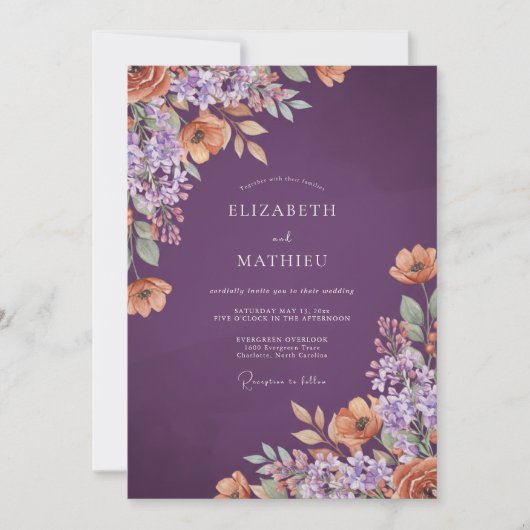 Invitation Mariage Fleur Painterly Prune (Devant)
