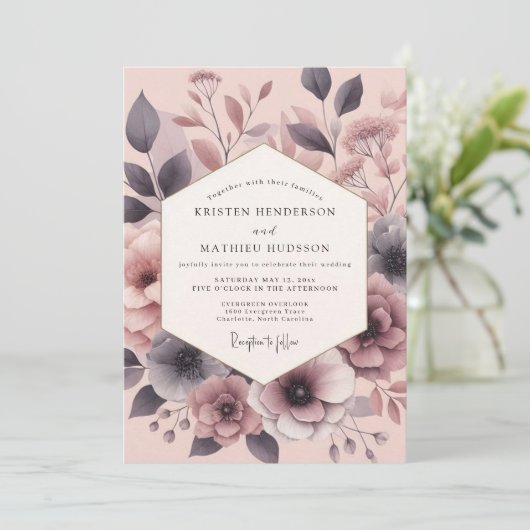 Invitation Mariage Fleur Painterly Slate Rose (Debout devant)