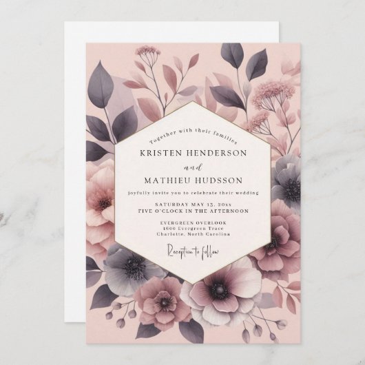 Invitation Mariage Fleur Painterly Slate Rose (Devant / Derrière)