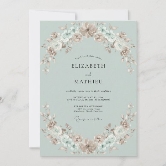 Invitation Mariage Fleur Pâle Céladon (Devant)