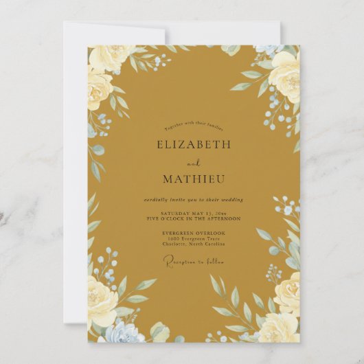Invitation Mariage Fleur Pâle Peinte en Ocre (Devant)