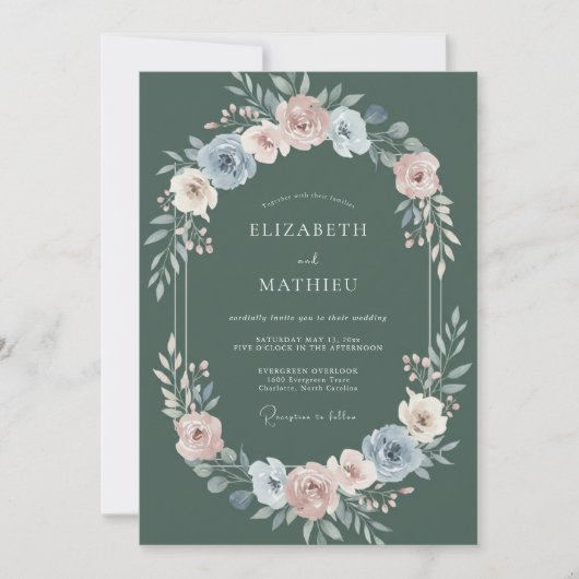 Invitation Mariage Fleur Peinte Ardoise et Pêche (Devant)