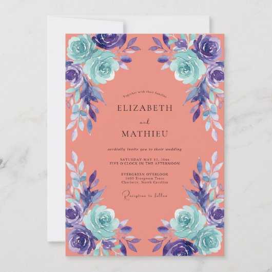Invitation Mariage Fleur Peinte Corail Aqua (Devant)