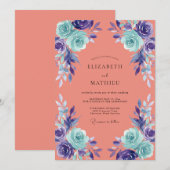 Invitation Mariage Fleur Peinte Corail Aqua (Devant / Derrière)