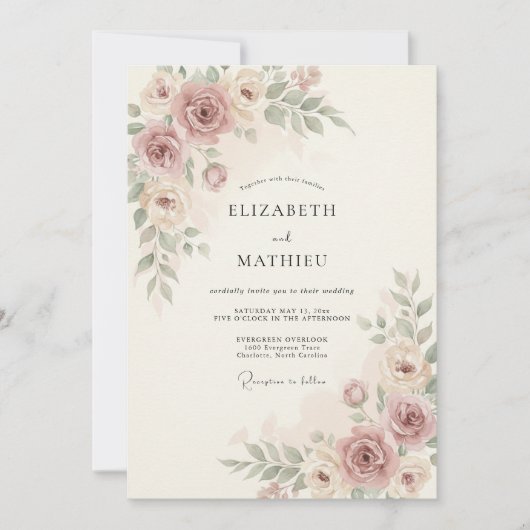 Invitation Mariage Fleur Poudrée Rose Peinte (Devant)