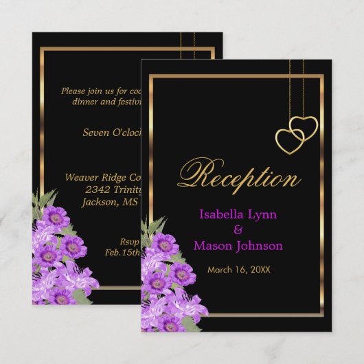 Invitation Mariage Fleur Pourpre Élégant - Réception (Devant / Derrière)