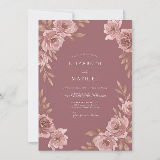 Invitation Mariage Fleur Poussiéreuse Rose (Devant)