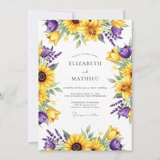 Invitation Mariage Fleur Romance Jaune Violet (Devant)