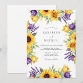 Invitation Mariage Fleur Romance Jaune Violet (Devant / Derrière)