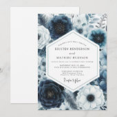 Invitation Mariage Fleur Romance Navy Profond (Devant / Derrière)