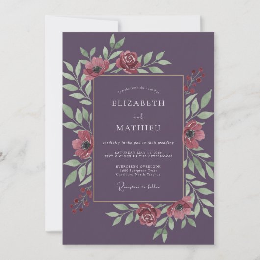 Invitation Mariage Fleur Romance Opulente prune (Devant)