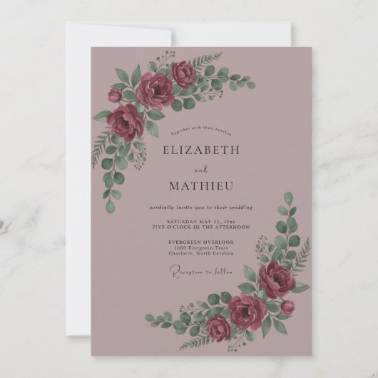 Invitation Mariage Fleur Romantique Bourgeon Bordeaux (Devant)