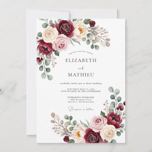 Invitation Mariage Fleur Romantique Bourgogne (Devant)