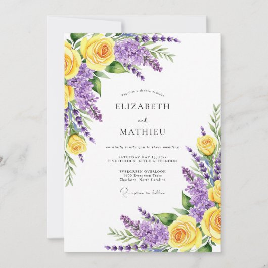 Invitation Mariage Fleur Romantique Jaune Violet (Devant)