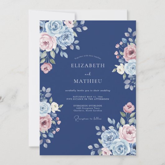 Invitation Mariage Fleur Romantique Navy (Devant)